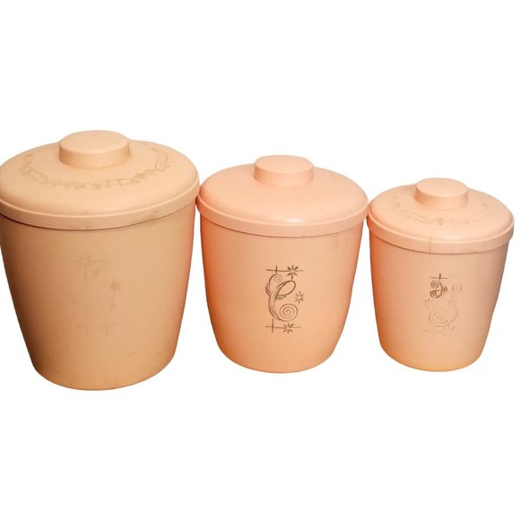 MCM Pink Plastic Canister Set of 3 With Lids Sugar Coffee Tea Nesting Storage - Picture 1 of 13